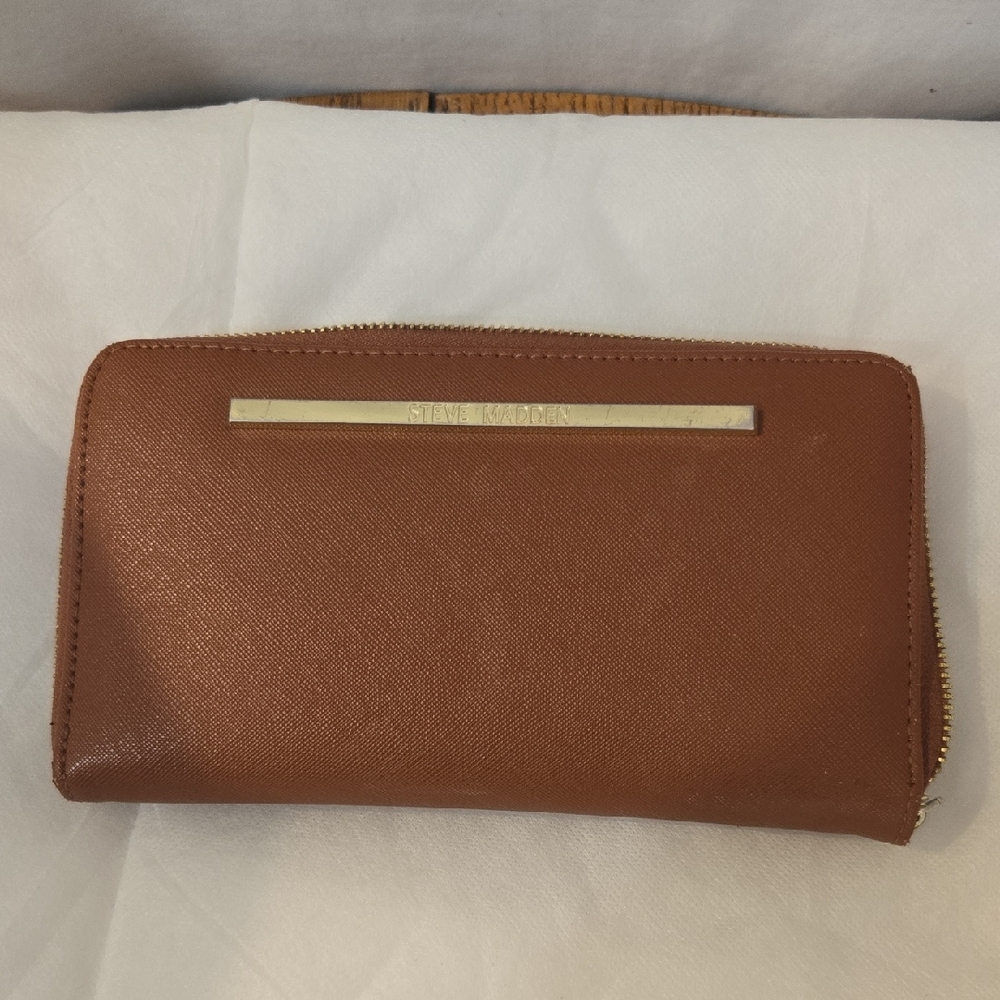 Steve Madden Tan Zip-Around Saffiano Wallet with Gold Trim